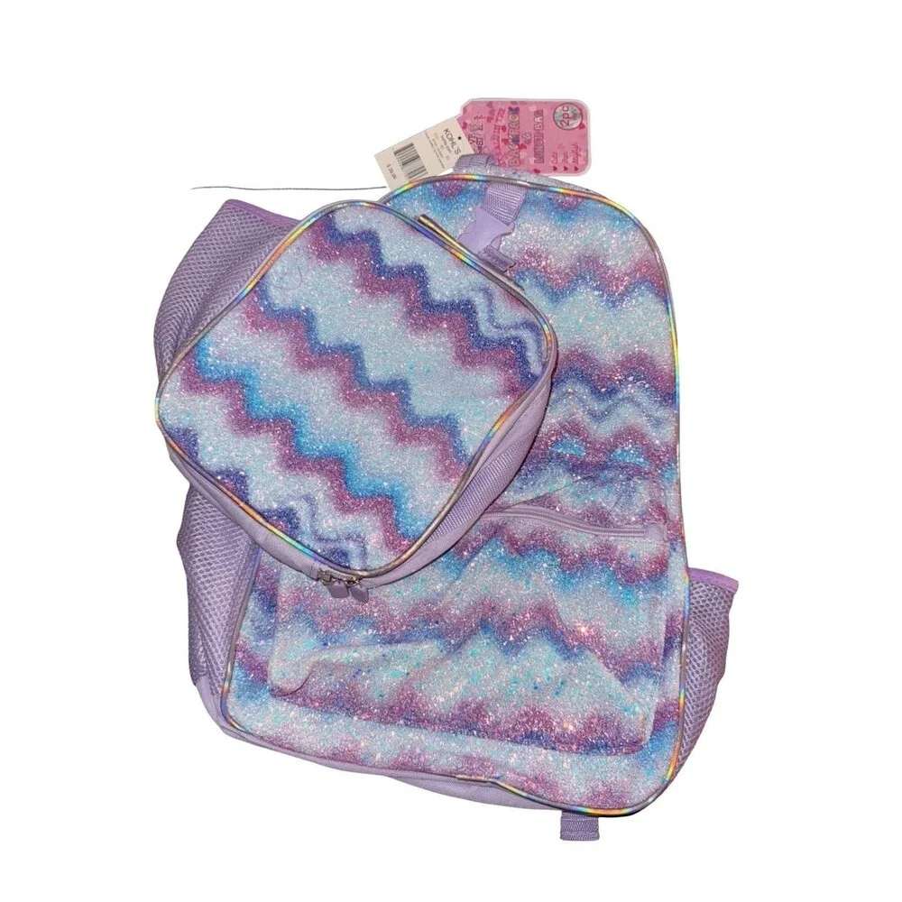 Purple Glitter Backpack & lunch Bag Girls School Bag Iridescent Chevron New